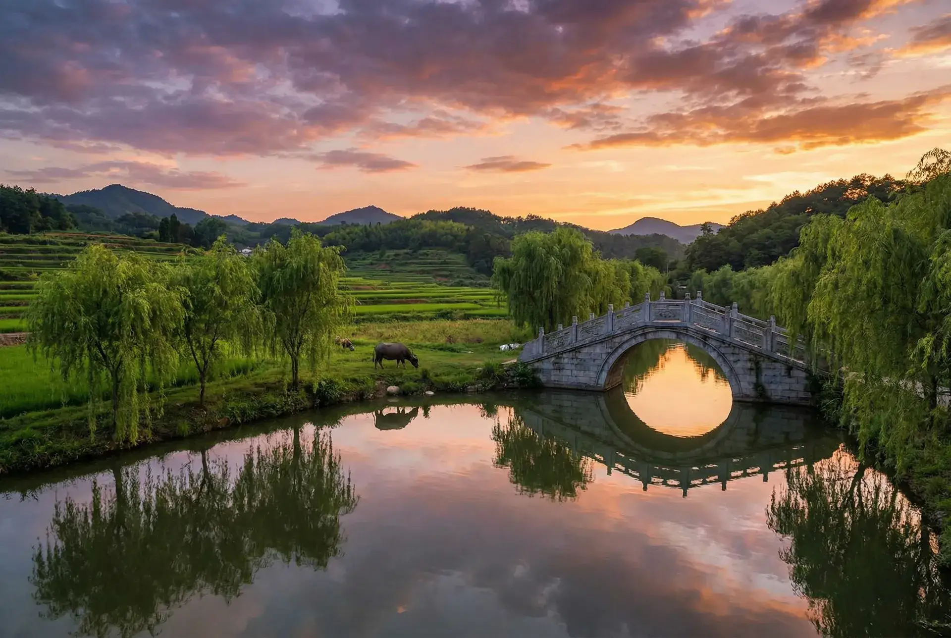夕阳下的石拱桥与垂柳，水牛在河边吃草 - 林黛妤 乡村美景